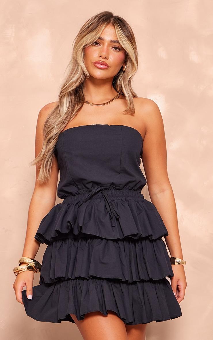 Black Bandeau Tiered Elasticated Waist Mini Dress Product Image