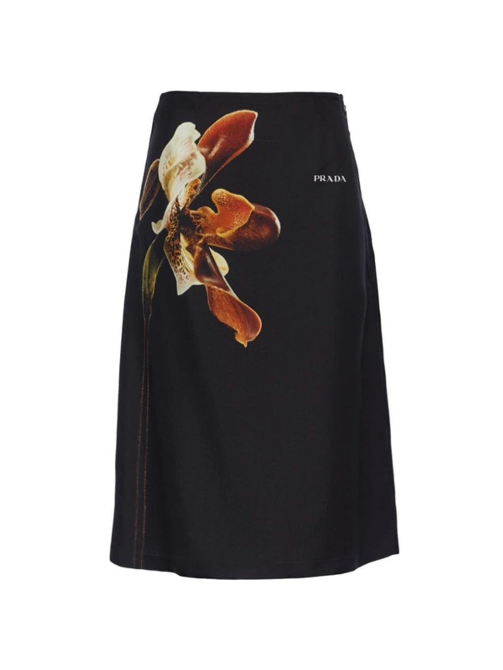 Floral-print Silk Midi Skirt In Black Product Image