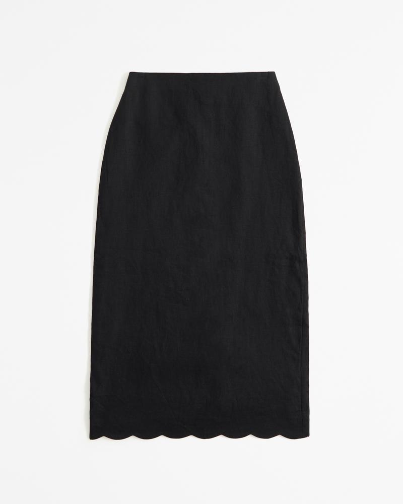 Premium Linen Scallop-Hem Midi Skirt Product Image