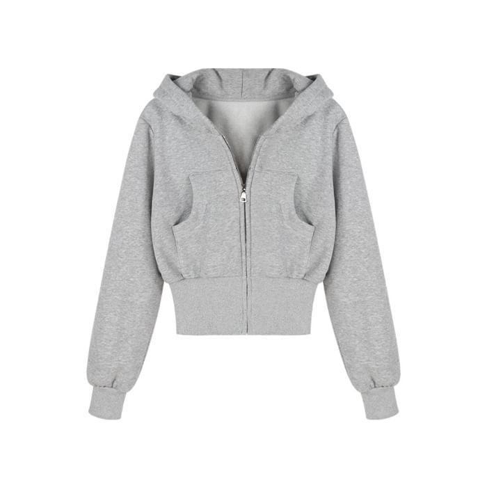 Plain Zip-Up Crop Hoodie Product Image