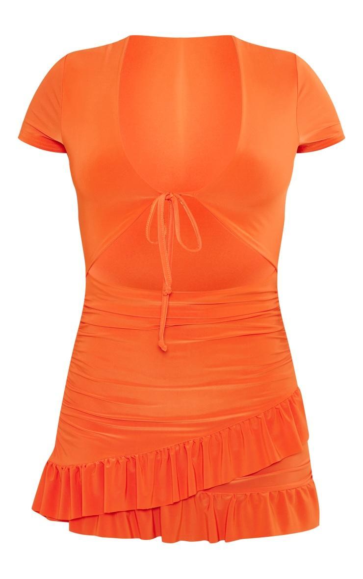 Tangerine Slinky Tie Bust Cut Out Ruched Frill Hem Bodycon Dress Product Image