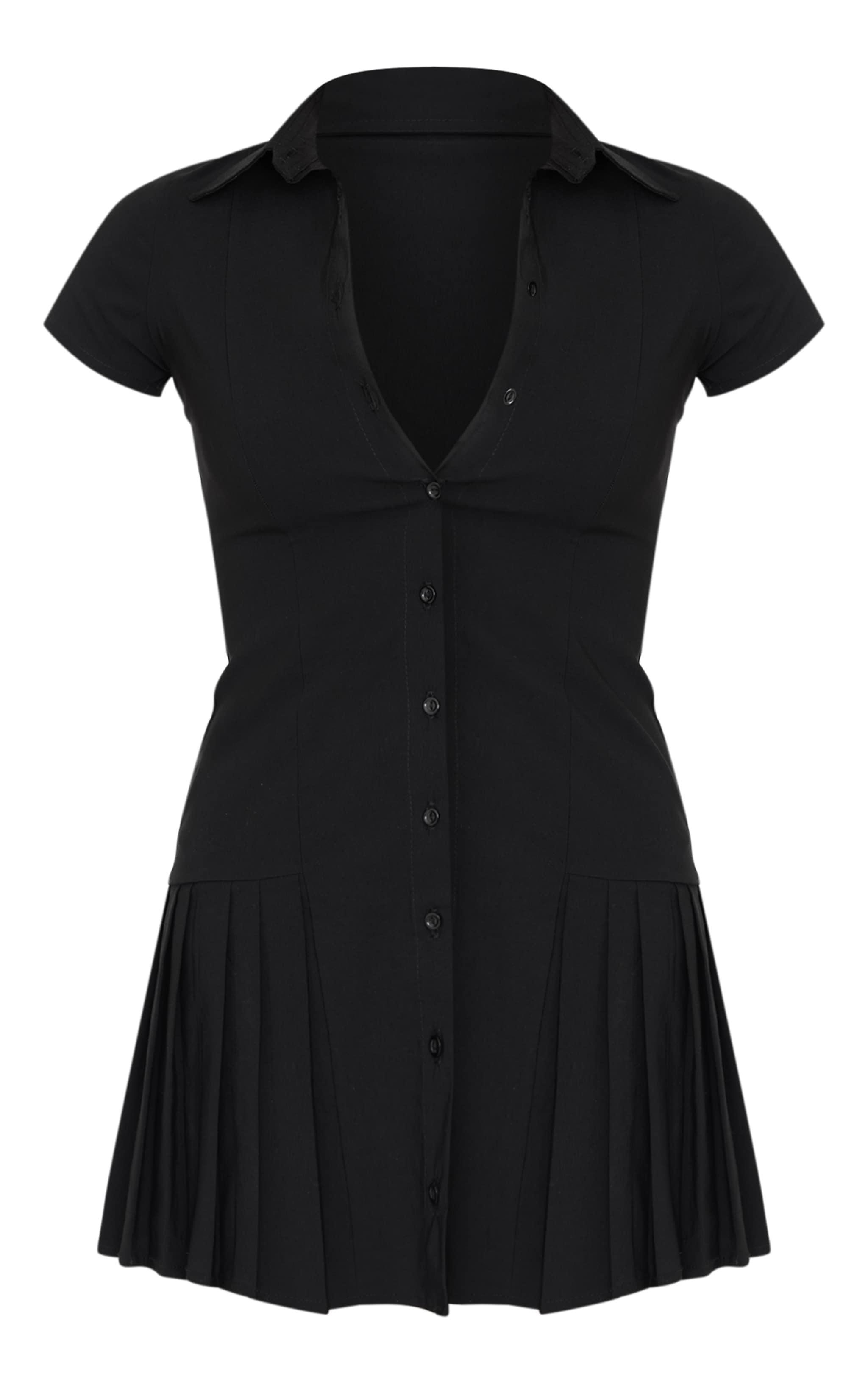 Black Button Down Cap Sleeve Pleated Hem Shift Dress Product Image