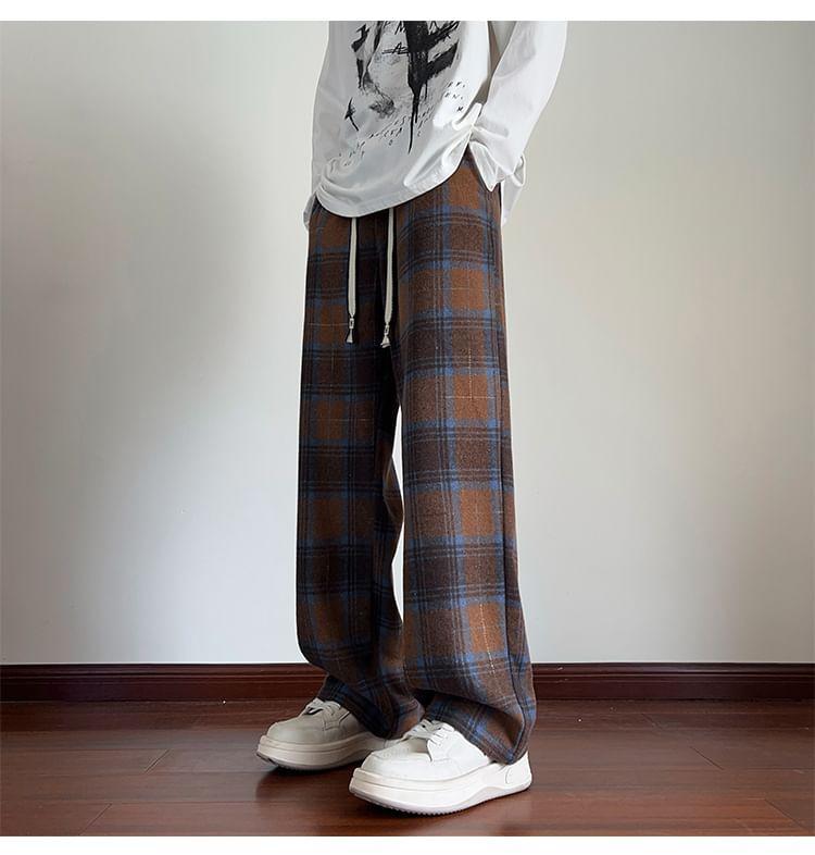 Drawstring Waist Plaid Loose-Fit Pants Product Image