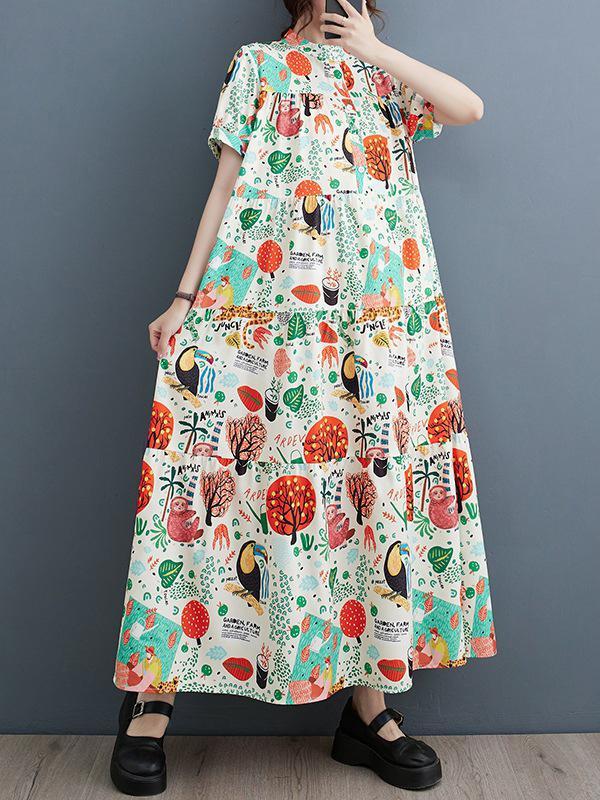 Loose Short Sleeves Buttoned Printed Split-Joint Stand Collar Midi Dresses Product Image