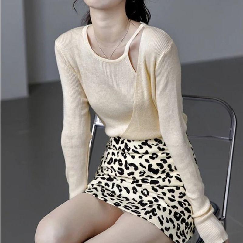 Asymmetrical Neck Plain Ribbed Sweater Product Image