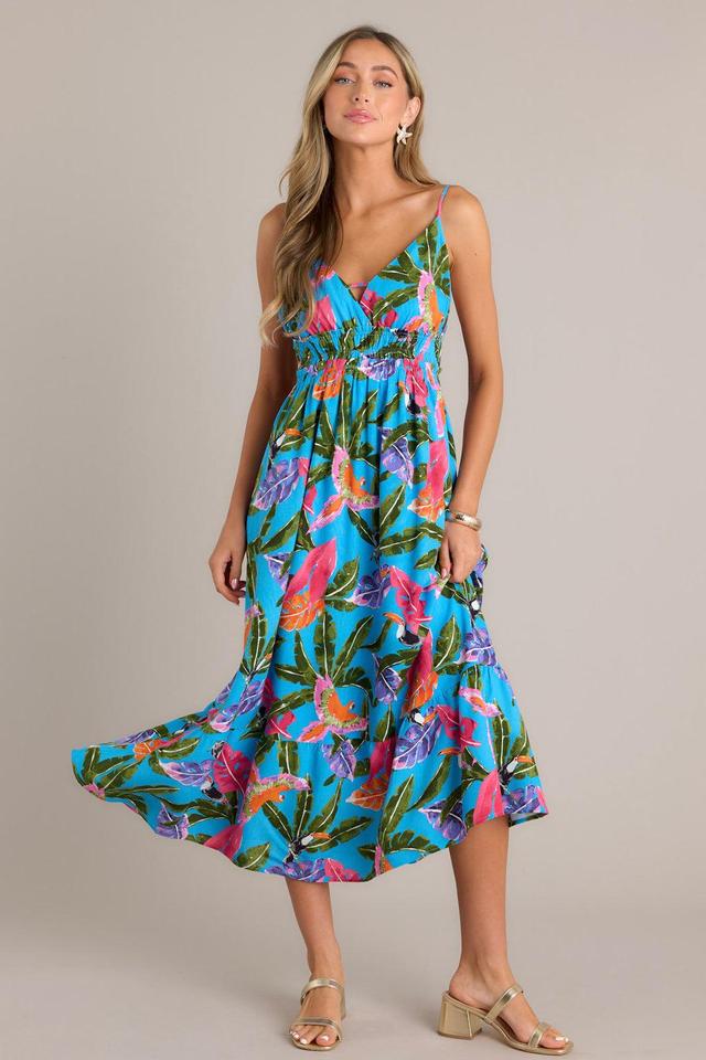 Oceanic Paradise Blue Tropical Print Midi Dress Product Image