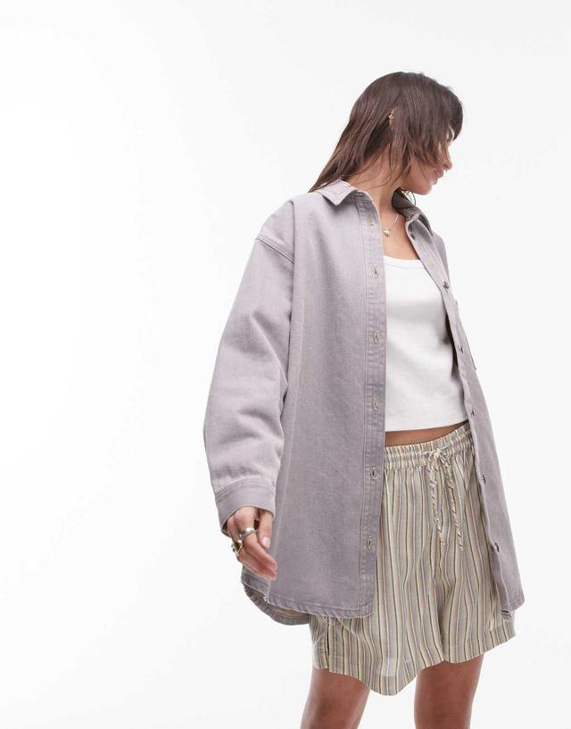 Topshop denim shacket in sandstorm gray Product Image