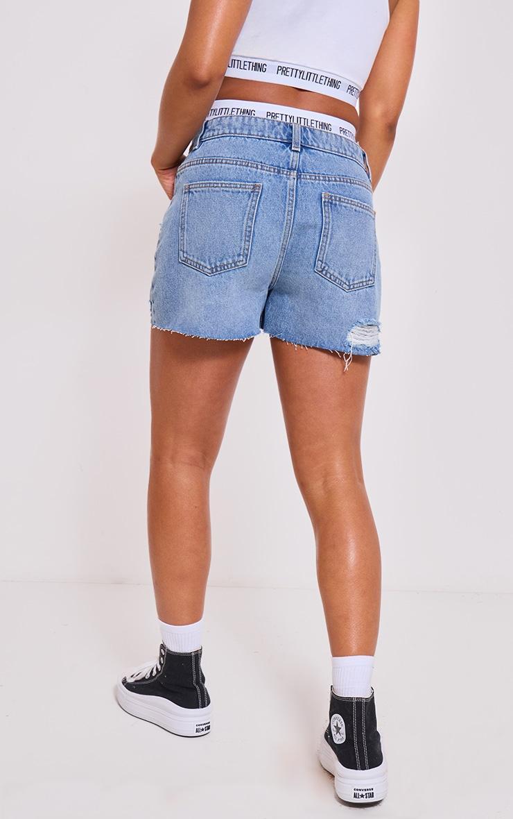 PRETTYLITTLETHING Mid Blue Wash Distressed High Rise Mom Denim Shorts Product Image