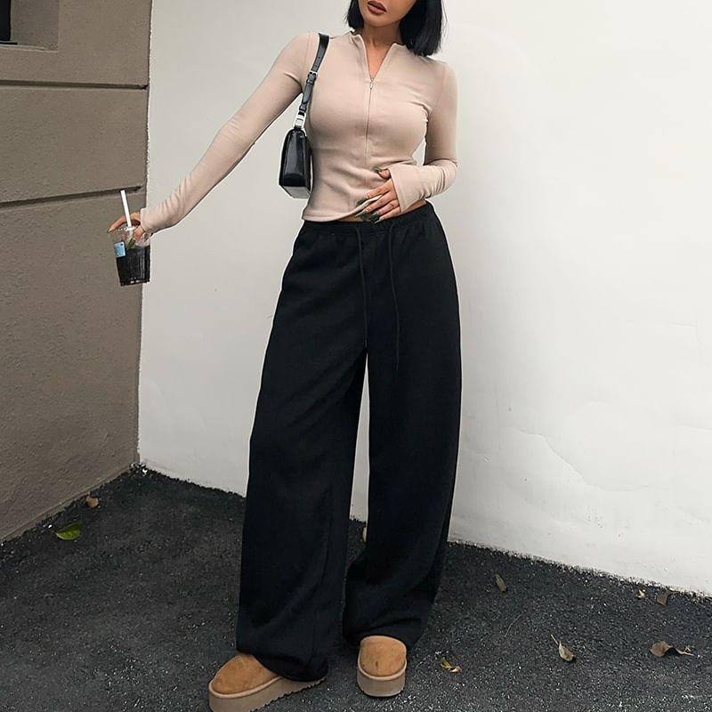 Drawstring Waist Plain Wide Leg Pants Product Image