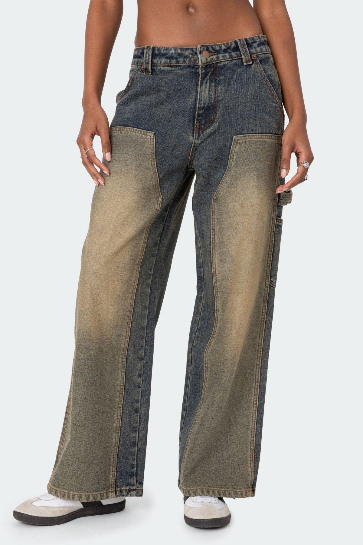 Contrast Panel Low Rise Washed Jeans Product Image