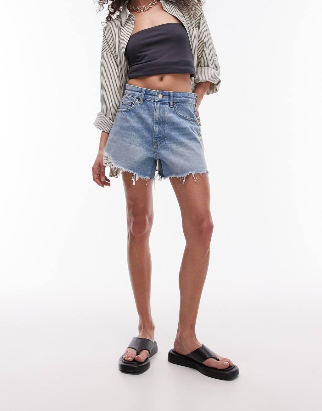 Topshop denim A line rip mom shorts in vintage blue  Product Image