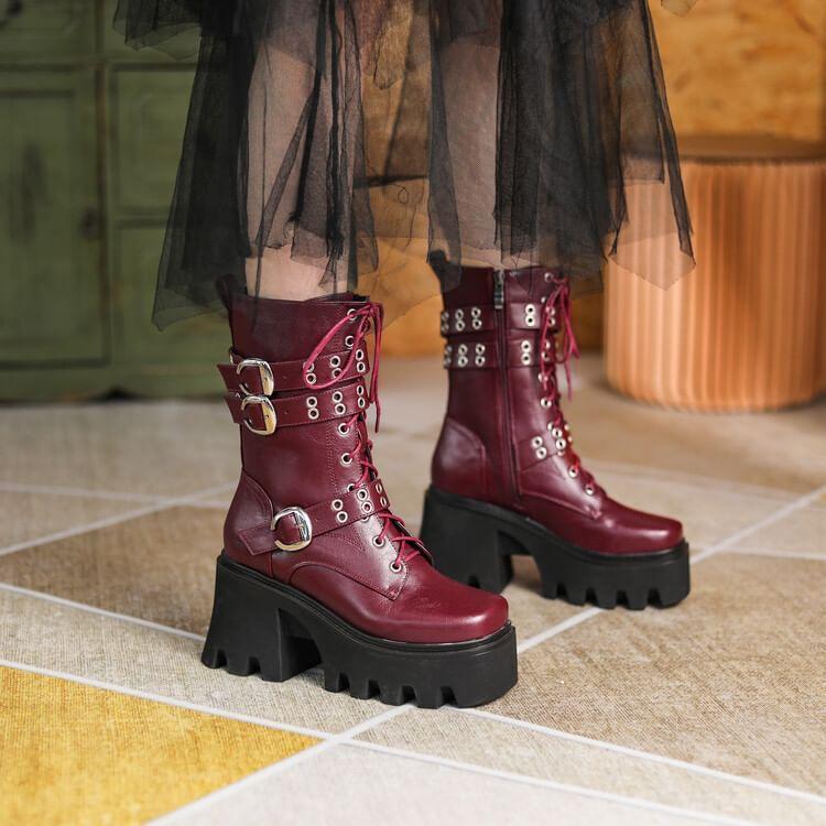 Platform Block Heel Lace-Up Mid Calf Boots Product Image