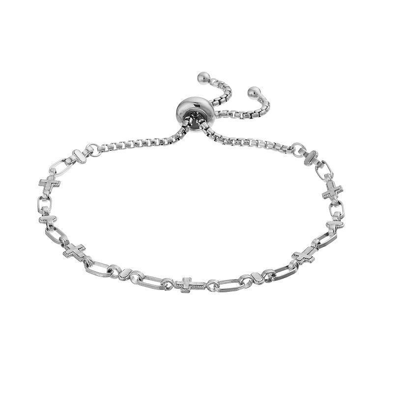 Kristen Kesho Sterling Silver Cross & Oval Link Adjustable Bolo Bracelet, Womens Grey Product Image