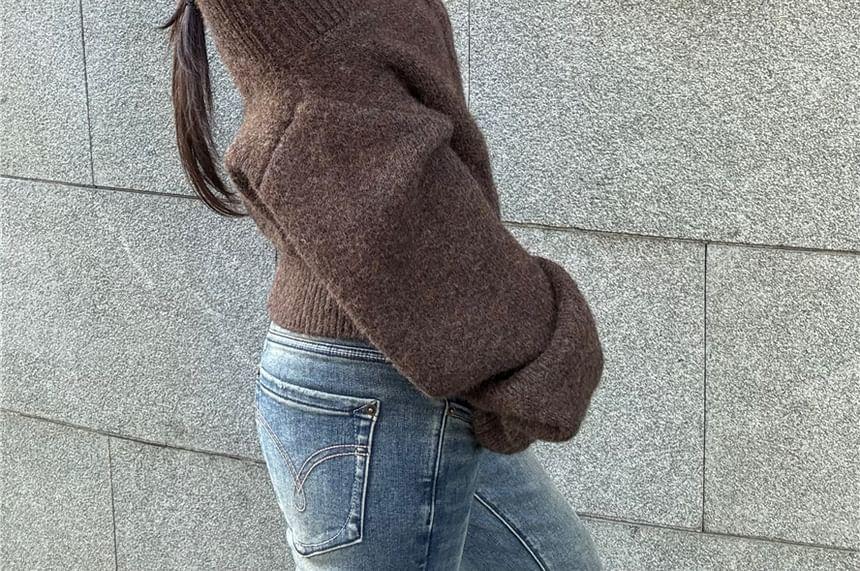 Off-Shoulder Long-Sleeve Plain Zip-Up Sweater Product Image