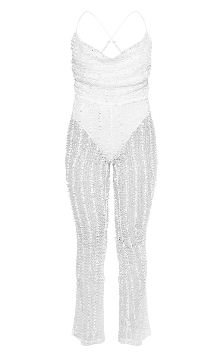 White Textured Cowl Strappy Flare Leg Jumpsuit Product Image