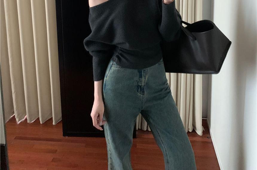 One-Shoulder Plain Ribbed Sweater Product Image