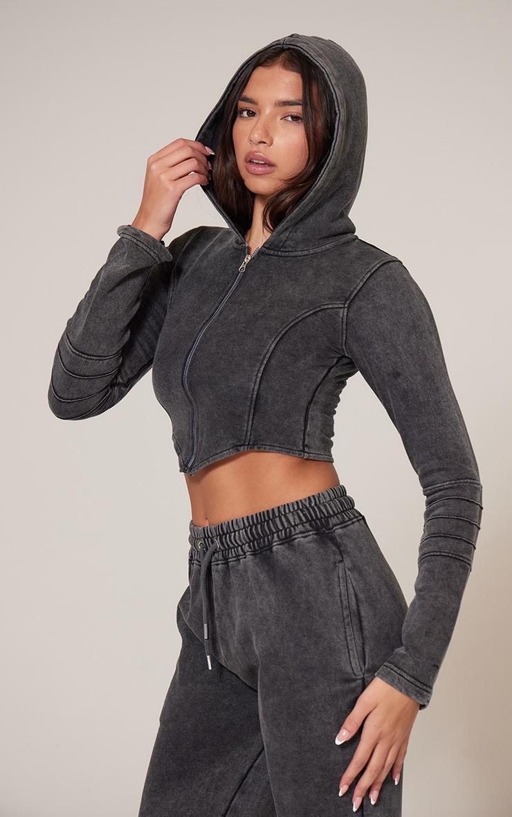 Charcoal Washed Seam Detail Zip Up Corset Hoodie Product Image