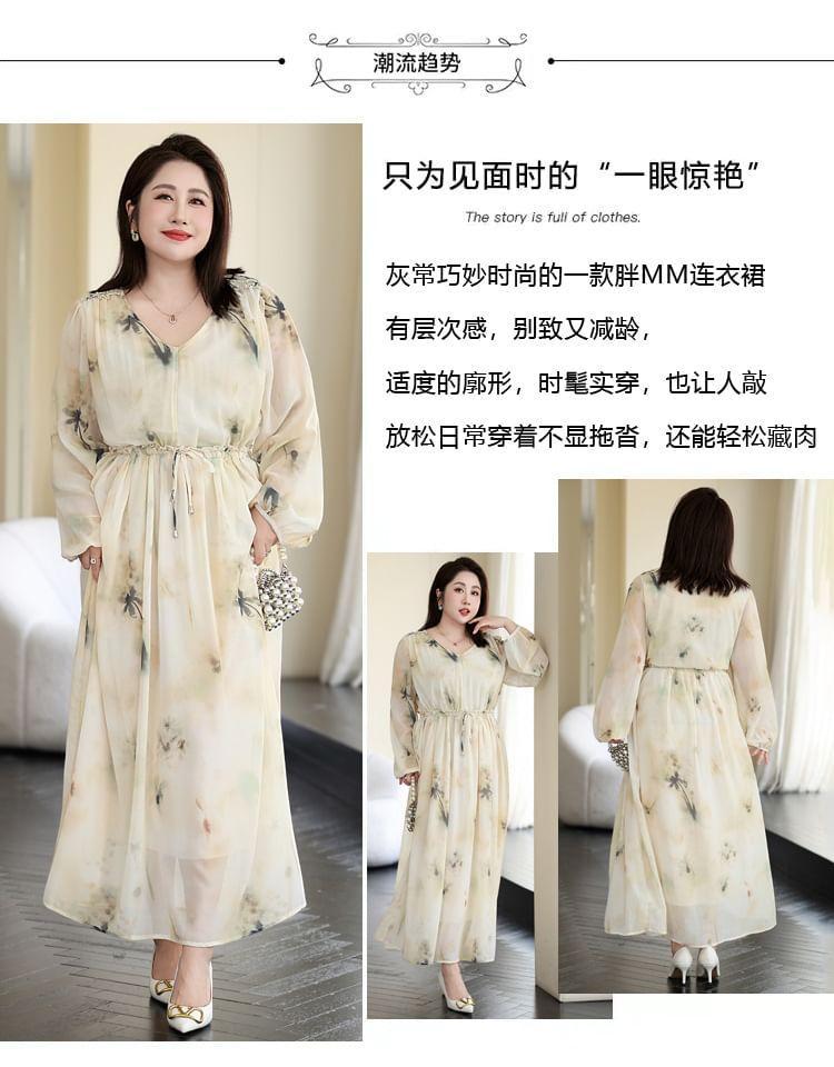 Plus Size Puff-Sleeve V-Neck Floral Maxi Smock Dress Product Image