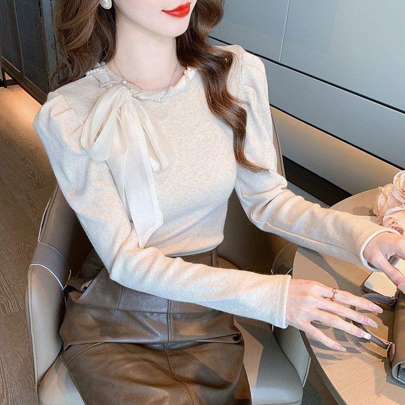 Long-Sleeve Crew Neck Faux Pearl Bow Knit Top Product Image