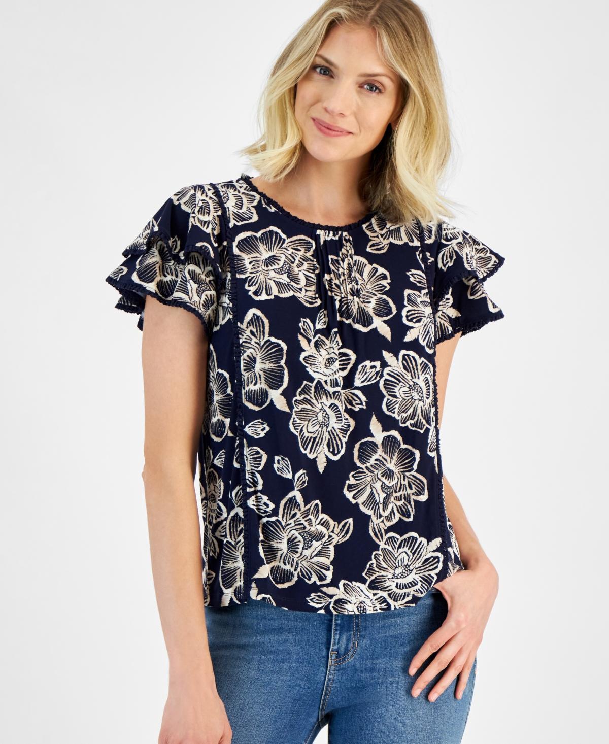 Nautica Jeans Womens Batik Rose Flutter-Sleeve Top Product Image