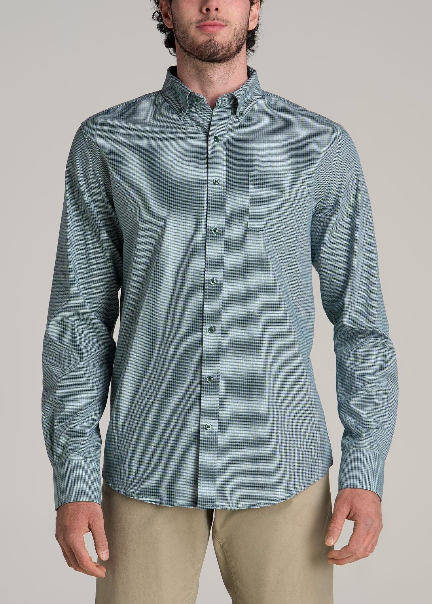 Soft-Wash Button-Up Shirt for Tall Men in Green and Navy Houndstooth Product Image