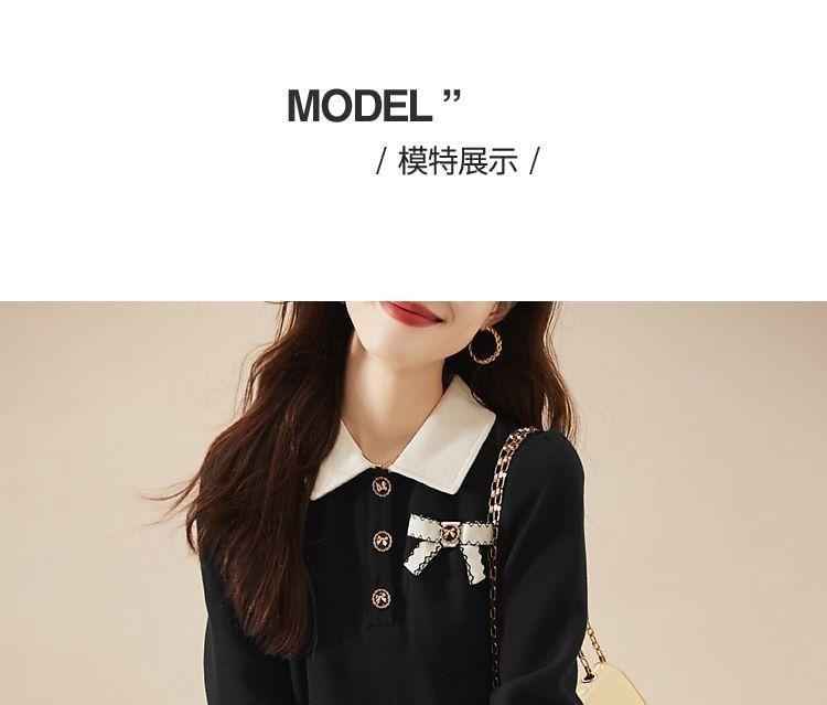 Long-Sleeve Collar Henley Two Tone A-Line Dress Product Image