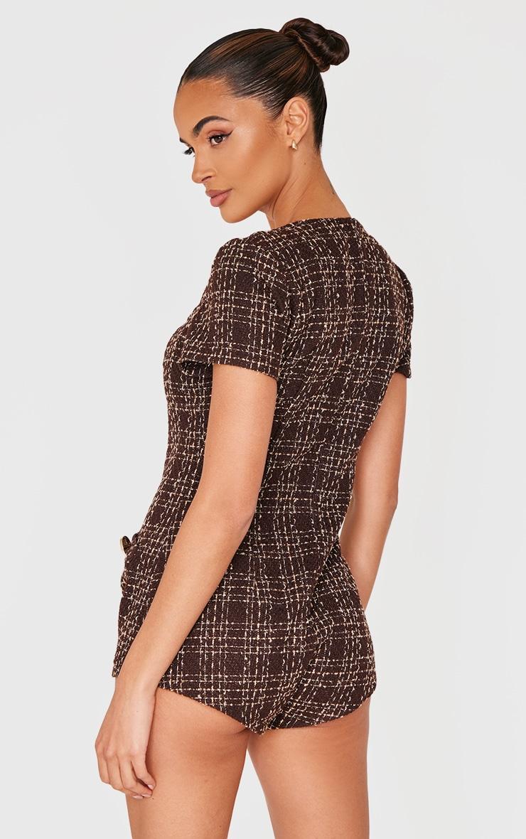 Brown Tweed Short Sleeve Button Detail Romper Product Image