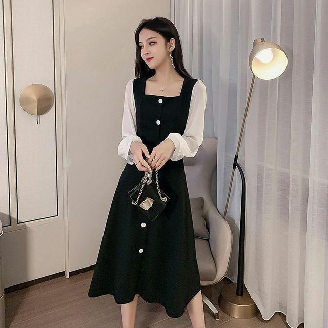 Puff-Sleeve Square Neck Two Tone A-Line Dress Product Image