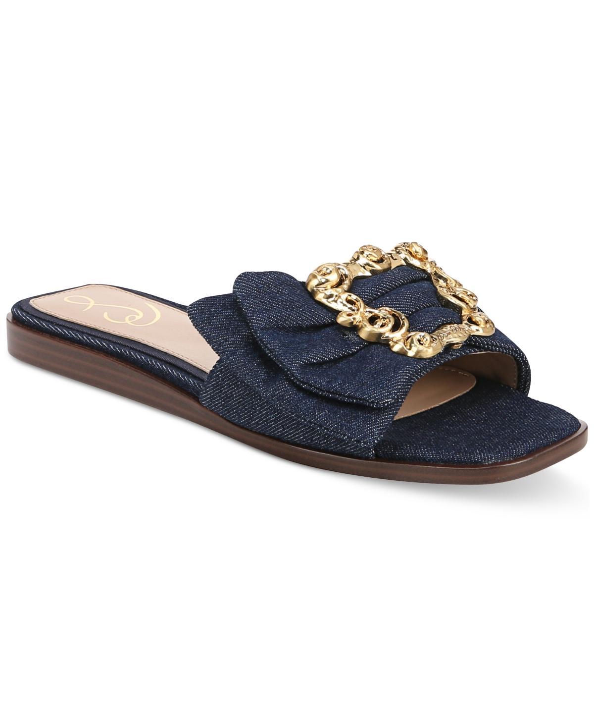 Sam Edelman Ivana Denim Buckle Detail Square Toe Flat Slide Sandals Product Image