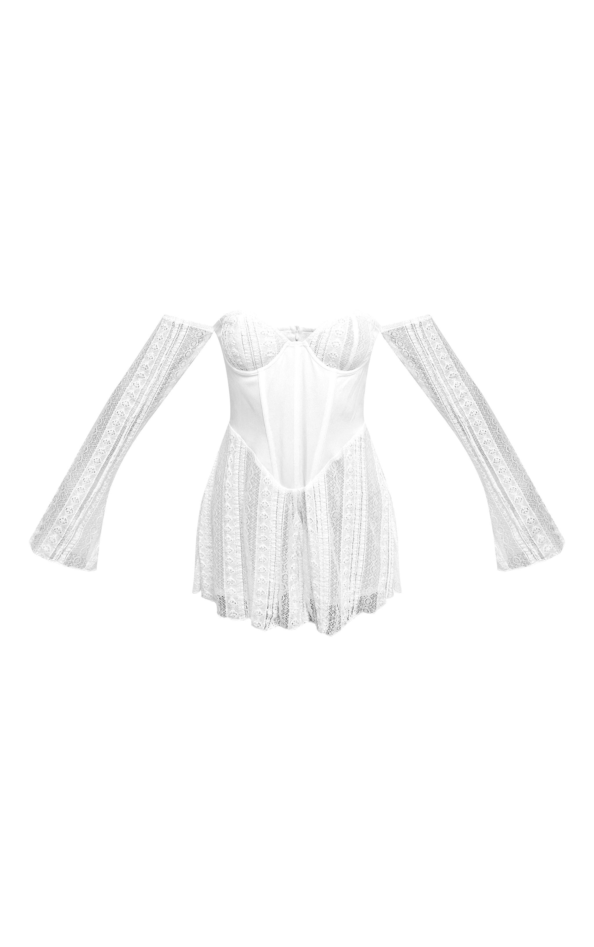 Cream Textured Lace Corset Detail Long Sleeve Romper Product Image