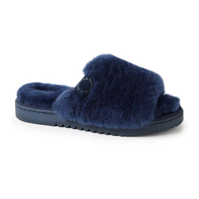 Fireside by Dearfoams Cairns Genuine Shearling Womens Slide Slippers with Metallic Suede Trim Black Product Image