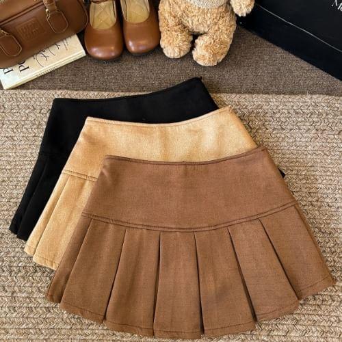 High Waist Pleated Faux Suede Mini A-Line Skirt Product Image