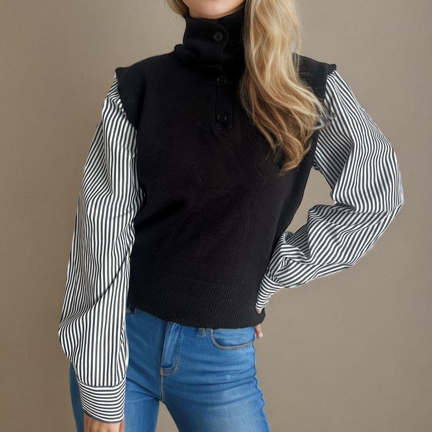 Long-Sleeve Turtleneck Mock Two-Piece Striped Panel Knit Top Product Image