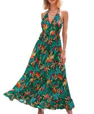 Cupshe Womens Tropical Leaf Print Halterneck Beach Dress Product Image