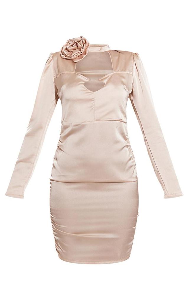 Cream Satin Rose Applique Ruched Side Long Sleeve Mini Dress Product Image