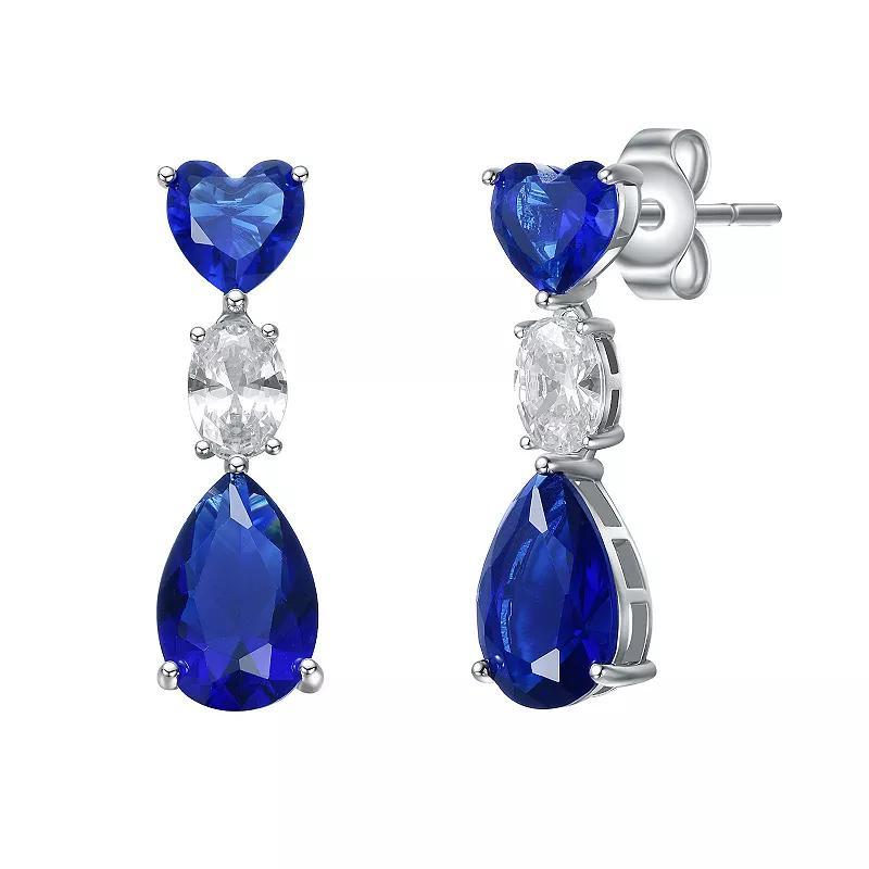 Sterling Silver Blue & White Cubic Zirconia Three-Stone Linear Dangle Earrings, Womens Product Image