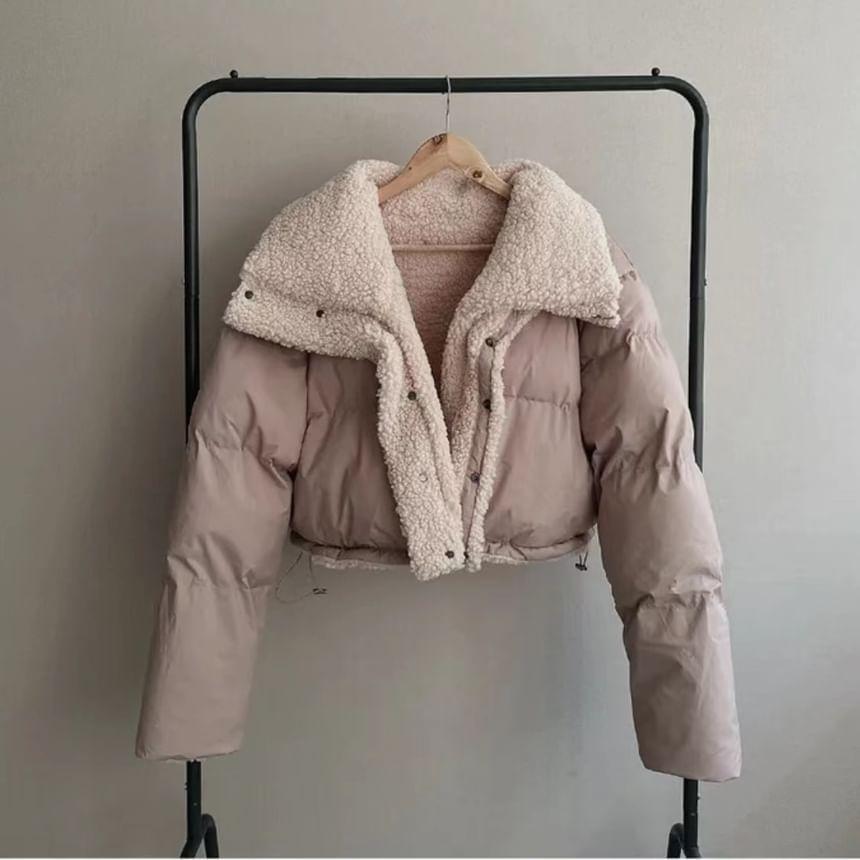 Plain Fluffy Trim Snap Button Puffer Jacket Product Image