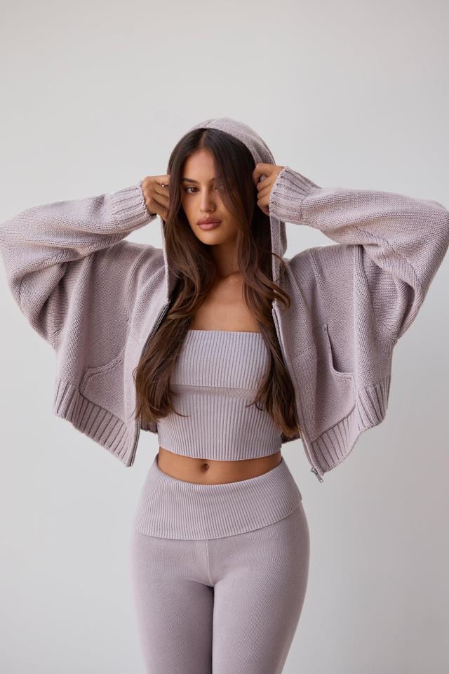 Cropped Zip-Up Chunky Knit Hoodie in Dusty Lavender Product Image