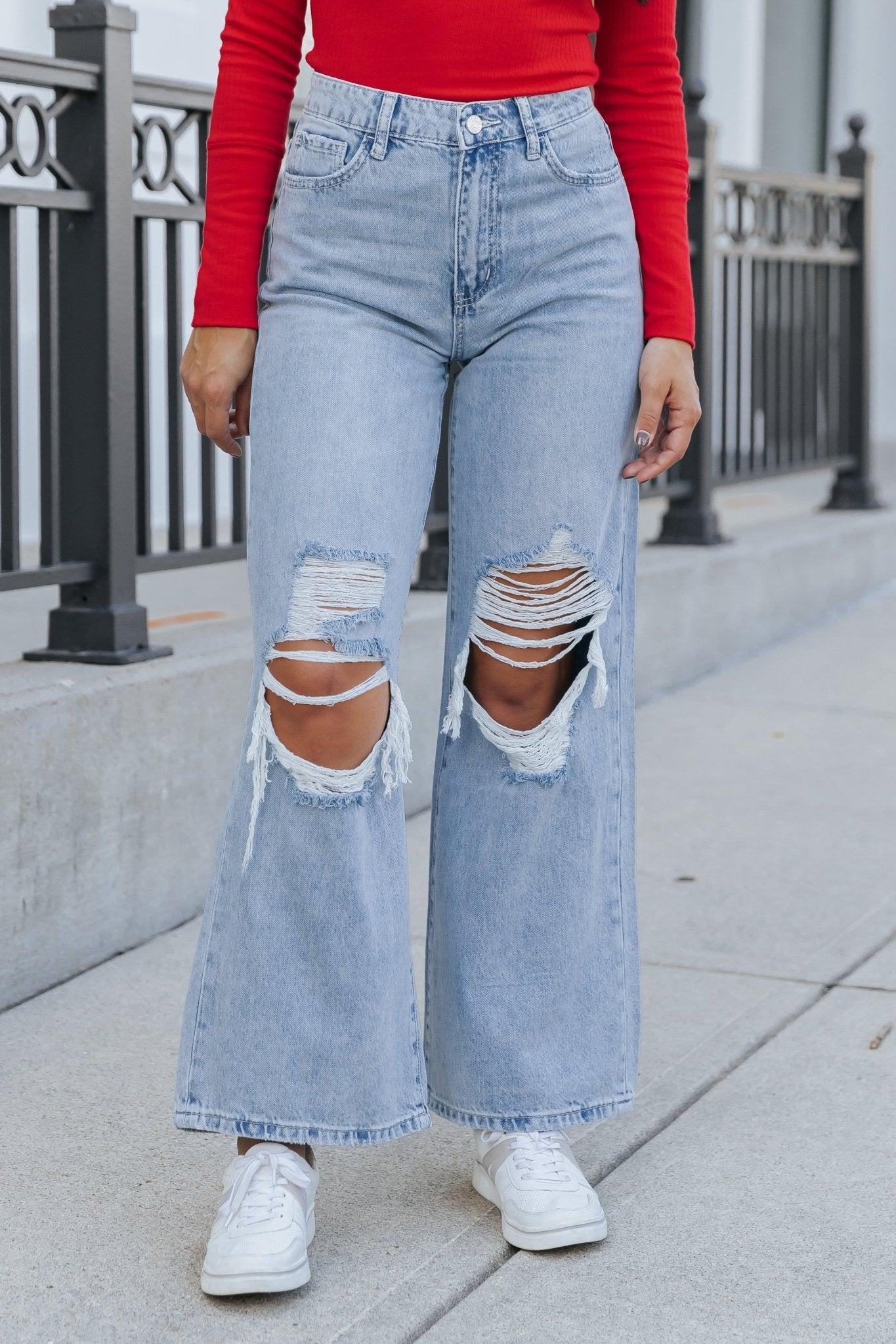 Light Wash High Rise Destroyed Wide Leg Jeans - FINAL SALE Product Image