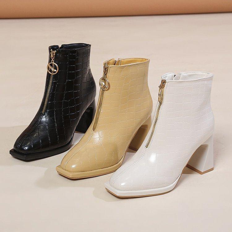 Block Heel Zip-Up Pointed Ankle Boots Product Image