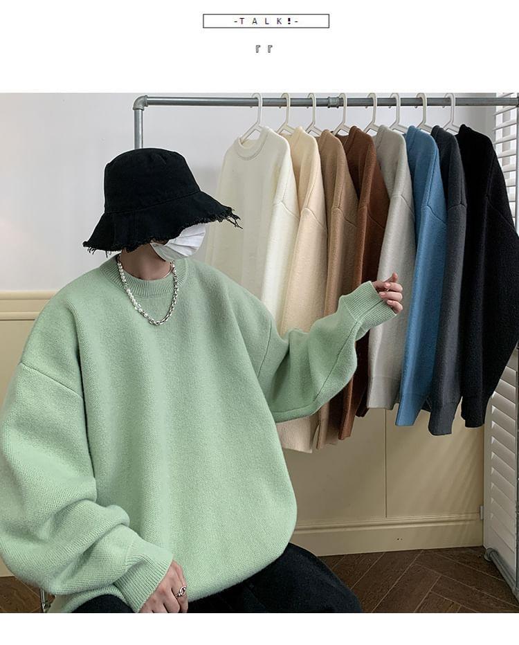 Long-Sleeve Crew Neck Plain Sweater Product Image