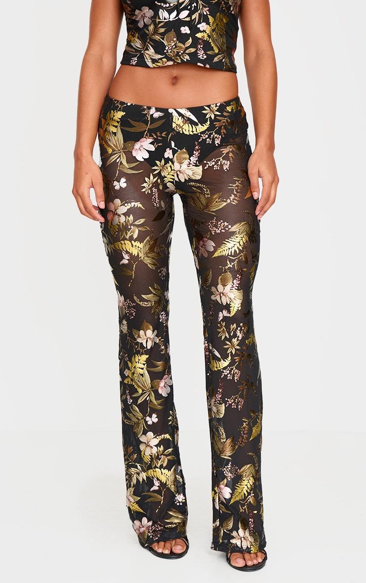 Black Floral Foil Printed Mesh Flare Pants Product Image