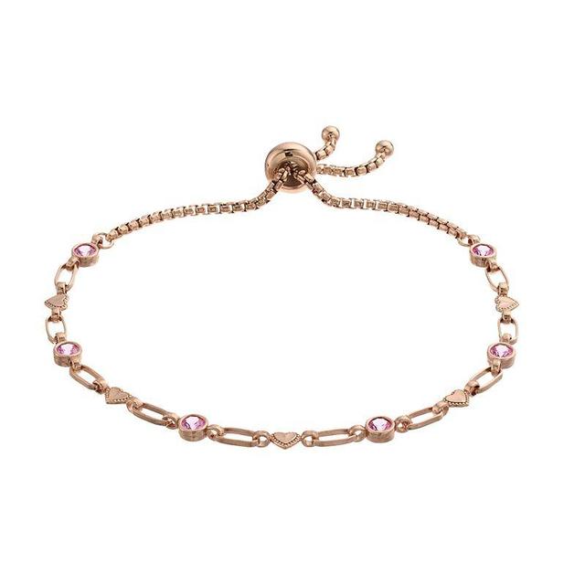 Kristen Kesho Sterling Silver Lab-Created Pink Sapphire & Heart Link Adjustable Bolo Bracelet, Womens Pink Tone Product Image