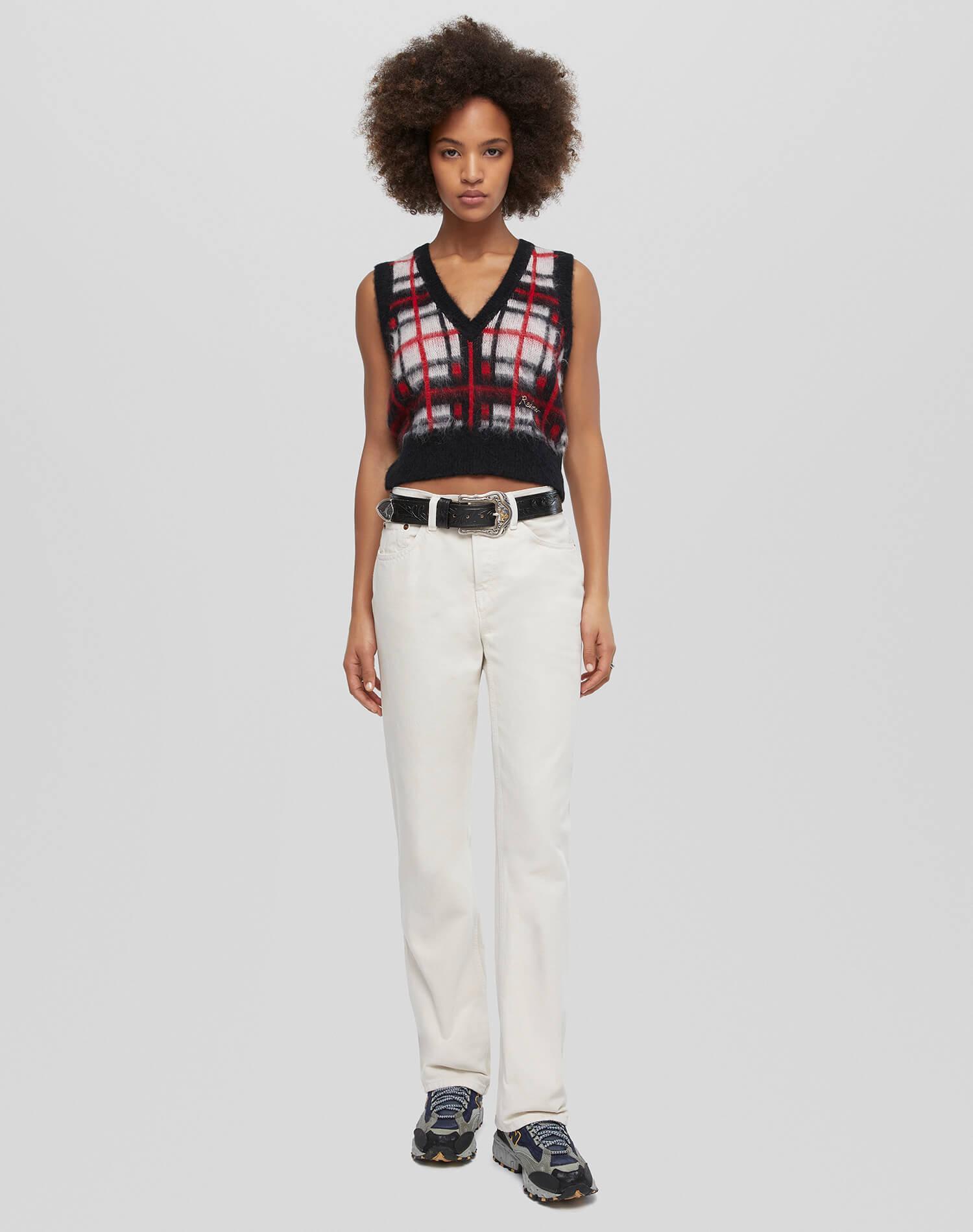 Tartan V Neck Vest - Black/Red/White Product Image