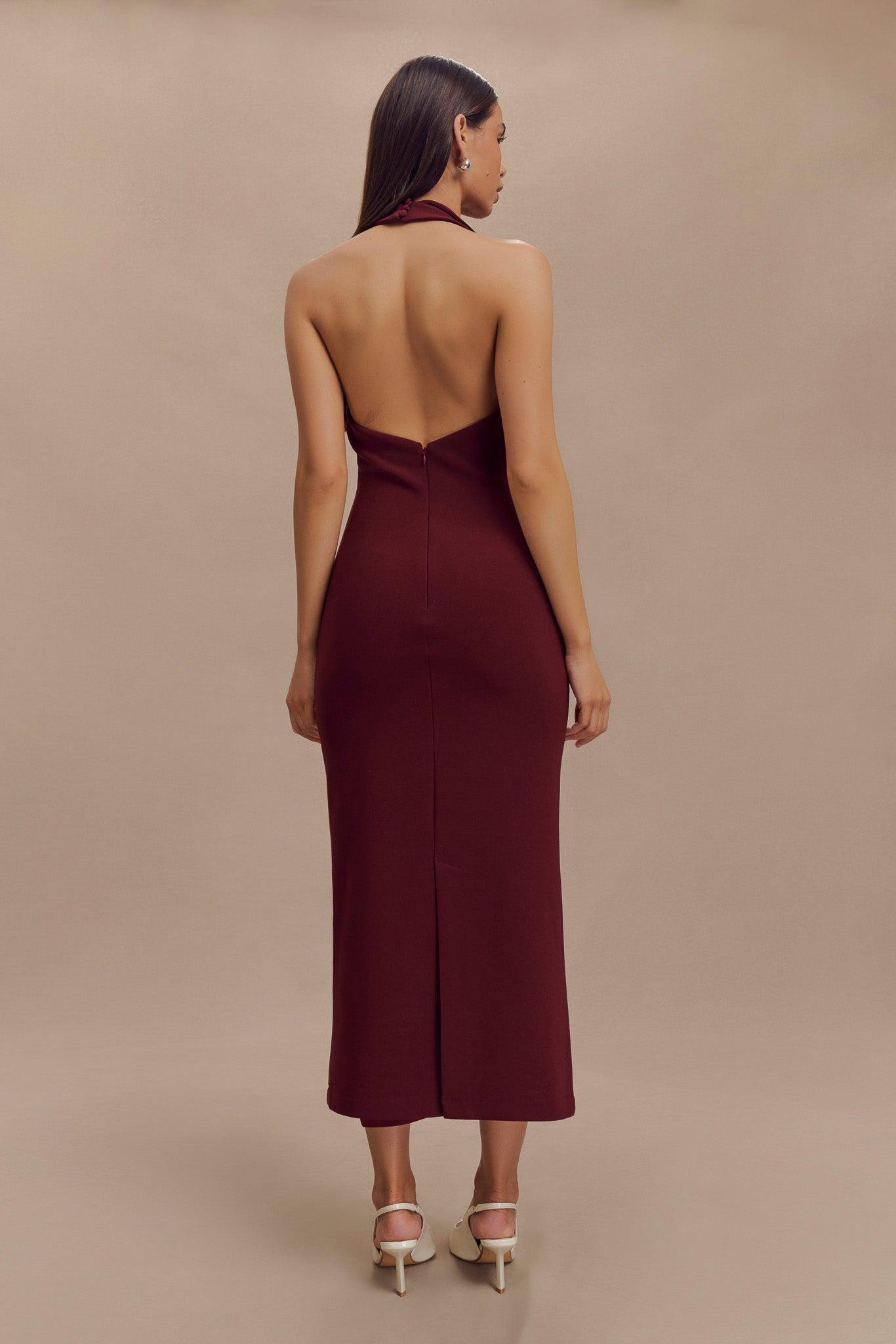 Annita Crepe Halter Midi Dress - Merlot Product Image