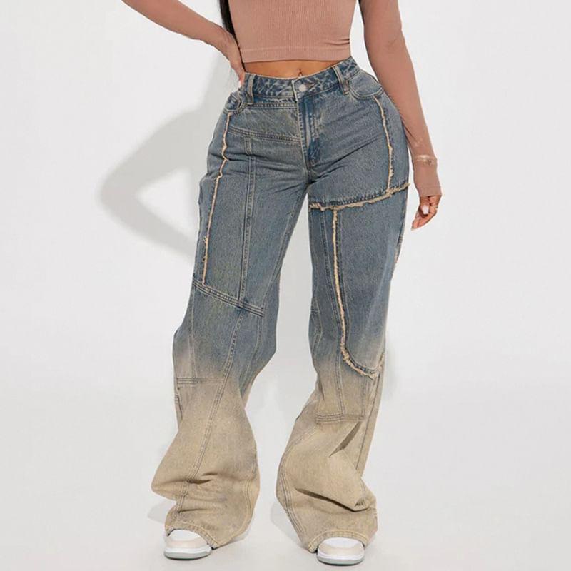 Mid Waist Gradient Fringed Washed Loose Fit Jeans Product Image