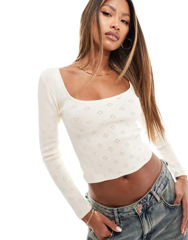 Fashionkilla pointelle square neck long sleeve top in ivory Product Image