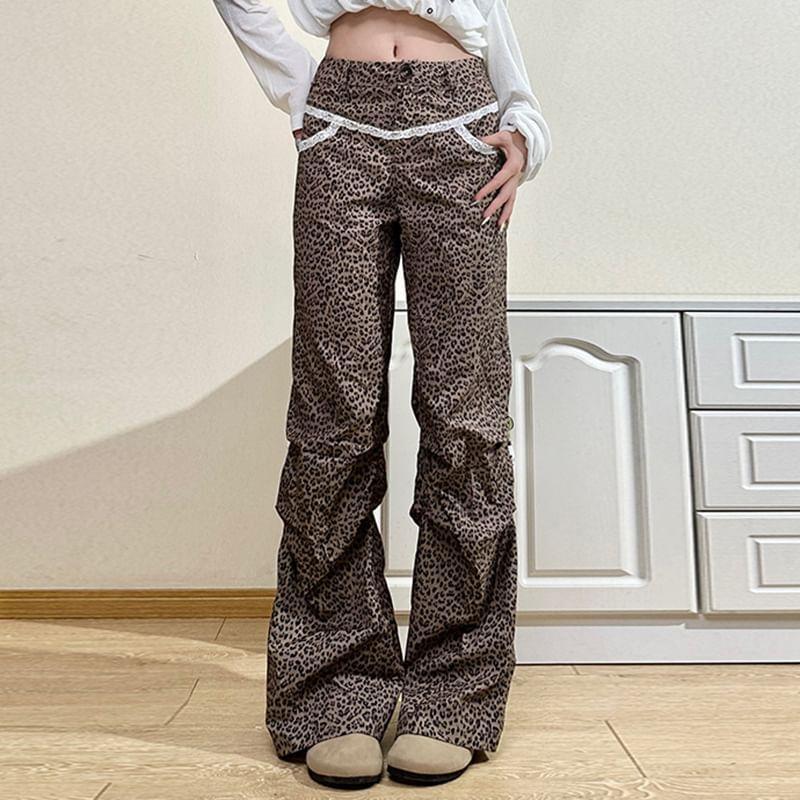 High Rise Leopard Wide Leg Pants Product Image