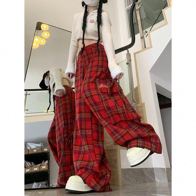 High Waist Plaid Wide Leg Cargo Pants Product Image