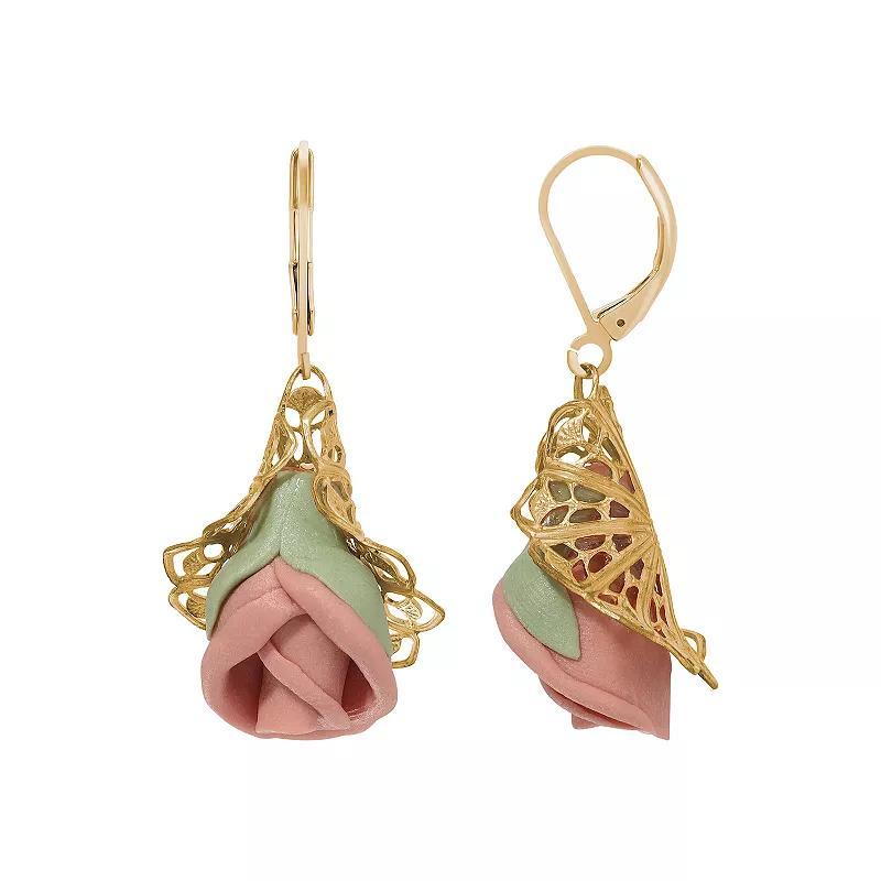 1928 Gold Tone Pink Porcelain Rose Leverback Earrings, Womens Product Image